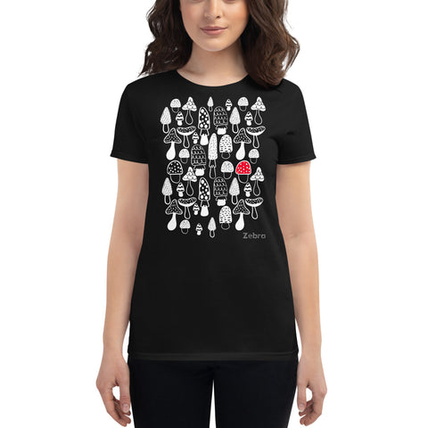 Women's Doodles T-Shirt - The Mushroom Forest - Zebra High Contrast Apparel and Clothing for Parents and Kids